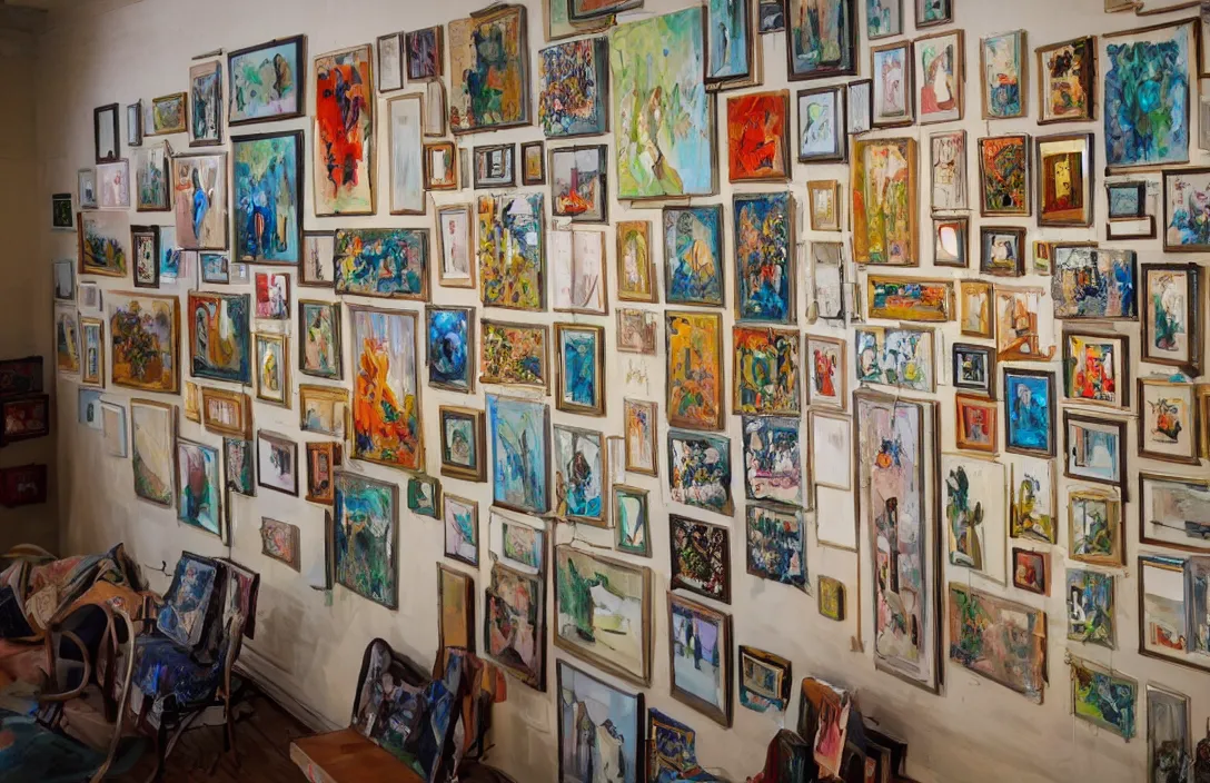 Image similar to wall full of beautiful paintings