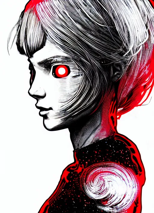 Prompt: highly detailed portrait of a hopeful pretty astronaut lady with a wavy blonde hair, by Jeff Lemire , 4k resolution, nier:automata inspired, bravely default inspired, vibrant but dreary but upflifting red, black and white color scheme!!! ((Space nebula background))