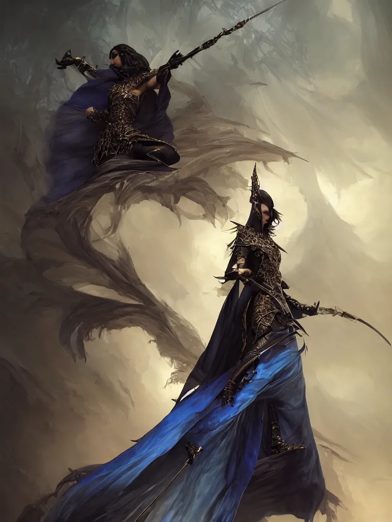 Prompt: a fierce fantasy assassin, highly detailed portrait, detailed gothic cloak, blue flame, fractal silk, epic composition, ultra wide-shot, concept art, beautifully lit, digital painting, smooth, character design, sharp focus, elegant, intricate, post processing, artstation, by WLOP, ruan jia, Tom Bagshaw, Alexi zaitsev