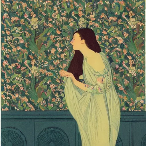 Image similar to a lot of flowers patterns morphing in a beautiful girls face, art nouveau wallpaper, film still by wes anderson, depicted by balthus, limited color palette, very intricate, art nouveau, highly detailed, lights by hopper, soft pastel colors, minimalist