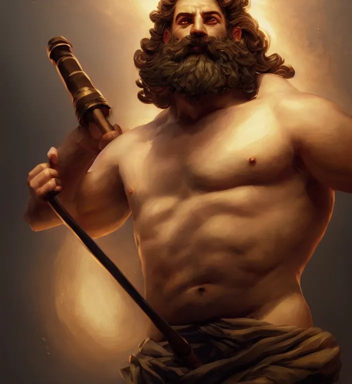 Image similar to masterpiece portrait of a greek god hephaestus, top lighting, holding forge hammer, art by charlie bowater and wenjun lin and starember and gil elvgren, ilya kuvshinov, cryengine, lumion render, 8 k realistic hyper detailed, digital painting, artstation, concept art, ray tracing, realistic shaded