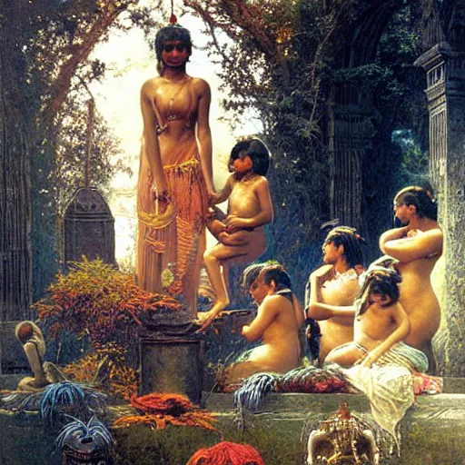 Image similar to sri lankan womans sacrifising thier children to giant crow, crow worshipping cult, painting by gaston bussiere, craig mullins, j. c. leyendecker, lights, art by ernst haeckel, john william godward, hammershøi,,