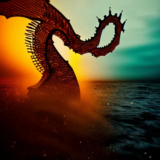 Image similar to 35mm photography sea dragon coming with wings, full head and face symmetrical scales, out of the water to attack a boat, rough seas, night, lighting, cinematic lighting, realistic