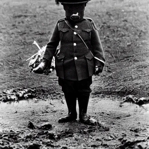 Prompt: a black and white photograph of a rabbit wearing a ww1 uniform, standing in a muddy trench