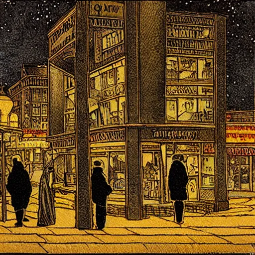 Prompt: a some people waiting in a lone bus stop in quiet dark city night, high quality, high resolution,detailed, by Ivan Bilibin