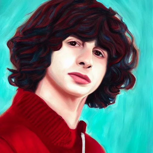 Image similar to a portrait of finn wolfhard as a drone, red, oil painting, pale colors, high detail, 8 k, wide angle, trending on artstation,