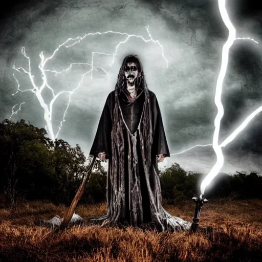 Image similar to metal album cover, a zombie bishop is standing on a hill and shoots lightning from his staff