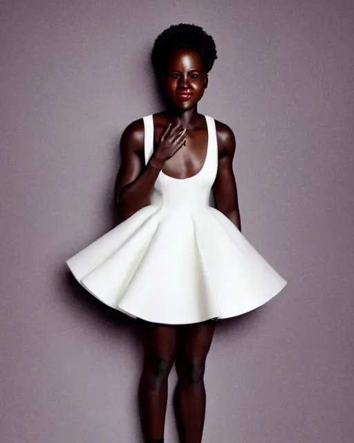 Prompt: Fully-clothed full-body portrait of Lupita Nyong'o wearing a white dress, XF IQ4, 50mm, F1.4, studio lighting, professional, 8K