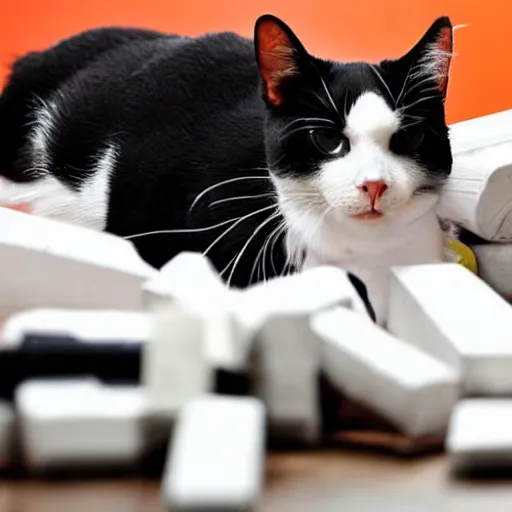 Prompt: A tuxedo cat lying on top of a pile of narcotics seized by the authorities