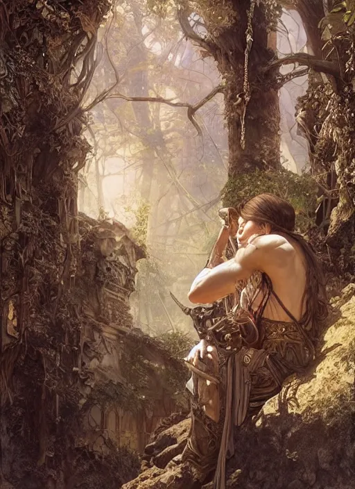 Image similar to intricate detailed portrait painting of a male fantasy ranger, old mystic ruins, afternoon, intricate, elegant, highly detailed, digital painting, sharp, focus, illustration art by artgerm and greg rutkowski and alphonse mucha