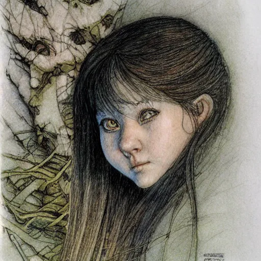 Image similar to female gnome progenitor, illustration by Alan Lee