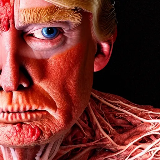 Image similar to Donald Trump with translucent skin, visible muscles and veins and arteries and bones and spine and nerves, beautiful detailed intricate insanely detailed octane render, 8K artistic photography, photorealistic, chiaroscuro, by David Cronenberg, Raphael, Caravaggio