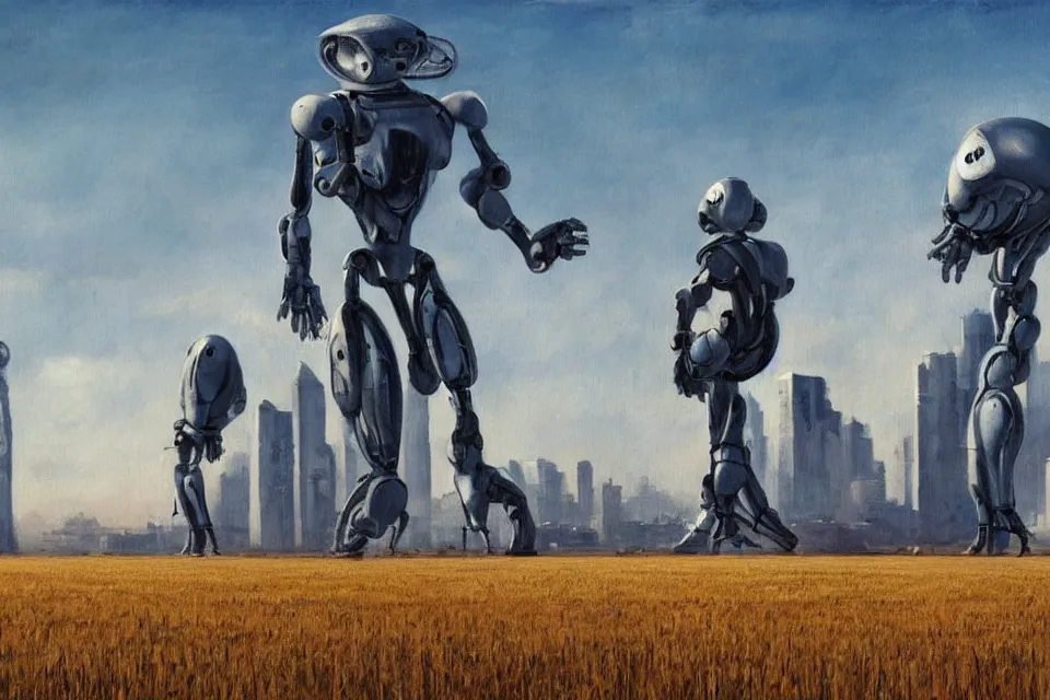 Image similar to sci-fi painting of a large alien city on the vast wheat fields, the closed back view of one humanoid robot on the ground, godrays, detailed