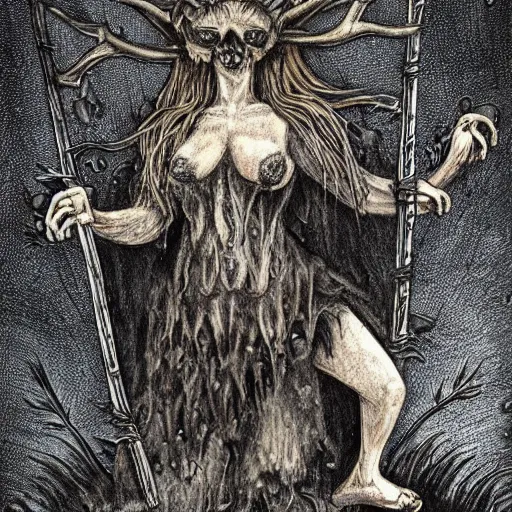 Image similar to ancient fae covered in black tendrilled fur, wearing ram skull, forest, heavy fog, fantasy, ultra realistic