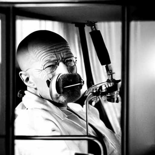 Image similar to walter white with no beard, wearing an oxygen mask, sitting in a wheelchair in a courtroom. photography by annie liebowitz