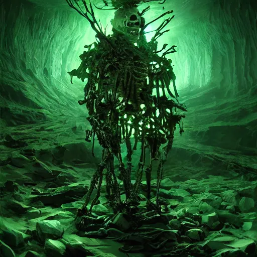 Prompt: the cyber skeleton king, frozen in an ice floe, glowing green, inside a dark cavern, intricate, highly detailed, smooth, wide shot, artstation, digital illustration by ruan jia