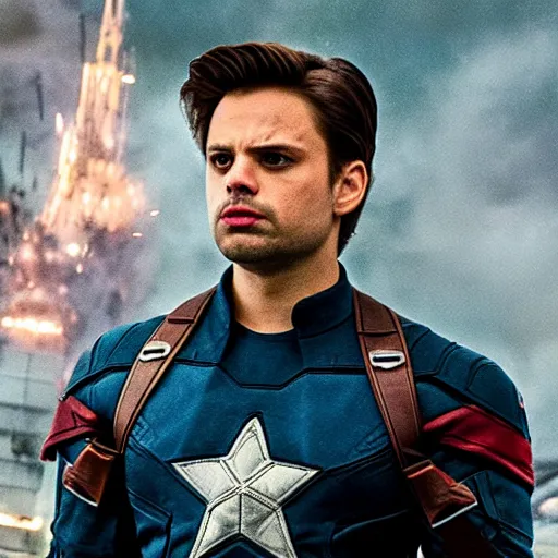 Prompt: sebastian stan as captain america, cinematic shot with sparkles and destroyed land, imax, high quality image, movie hollywood, commosition