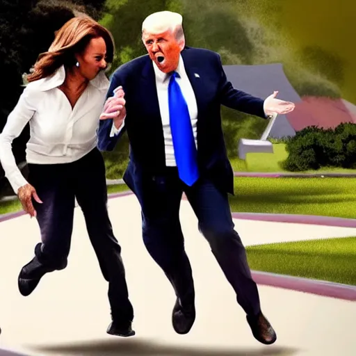 Prompt: an ultra detailed picture portrait of Donald Trump kicking Joe Biden and Kamala Harris out of the white house 8k, photorealistic, Smooth,