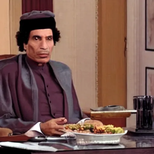 Prompt: A still of Muammar Gaddafi in Seinfield