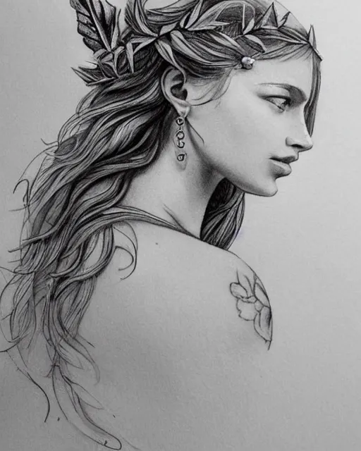 Prompt: realism tattoo sketch of a beautiful greek goddess aphrodite wearing a laurel wreath and arrowhead earrings, beautiful confident eyes, beautiful flowing hair, hyper realistic face, in the style of artgerm, fantasy, amazing detail, epic, elegant, smooth, sharp focus, from the front, long shot