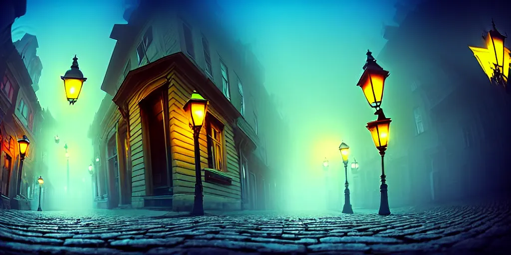 Prompt: curved perspective, extreme narrow, extreme fisheye, digital art of a night foggy street with curled victorian street lamps over cobblestone floor by anton fadeev from nightmare before christmas