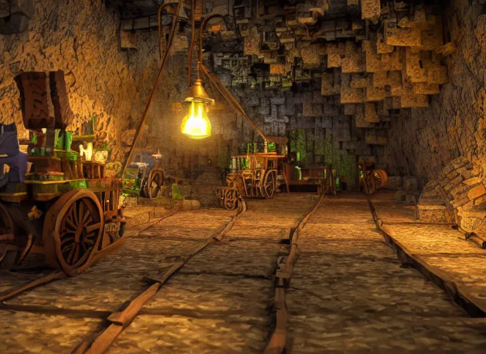 Image similar to minecart track in a magical mine illustration. steam punk fantasy, dramatic lighting, 8 k, sharp focus, global illumination, unreal engine, detailed and intricate environment