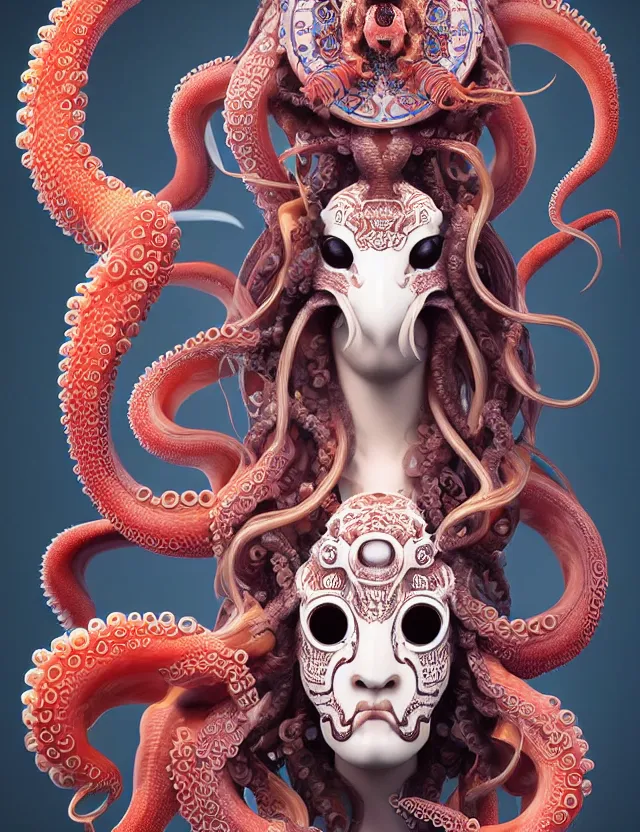 Image similar to 3 d goddess octopus half - turn portrait with long hair with ram skull. beautiful intricately detailed japanese crow kitsune mask and clasical japanese kimono. betta fish, jellyfish phoenix, bio luminescent, plasma, ice, water, wind, creature, artwork by tooth wu and wlop and beeple and greg rutkowski