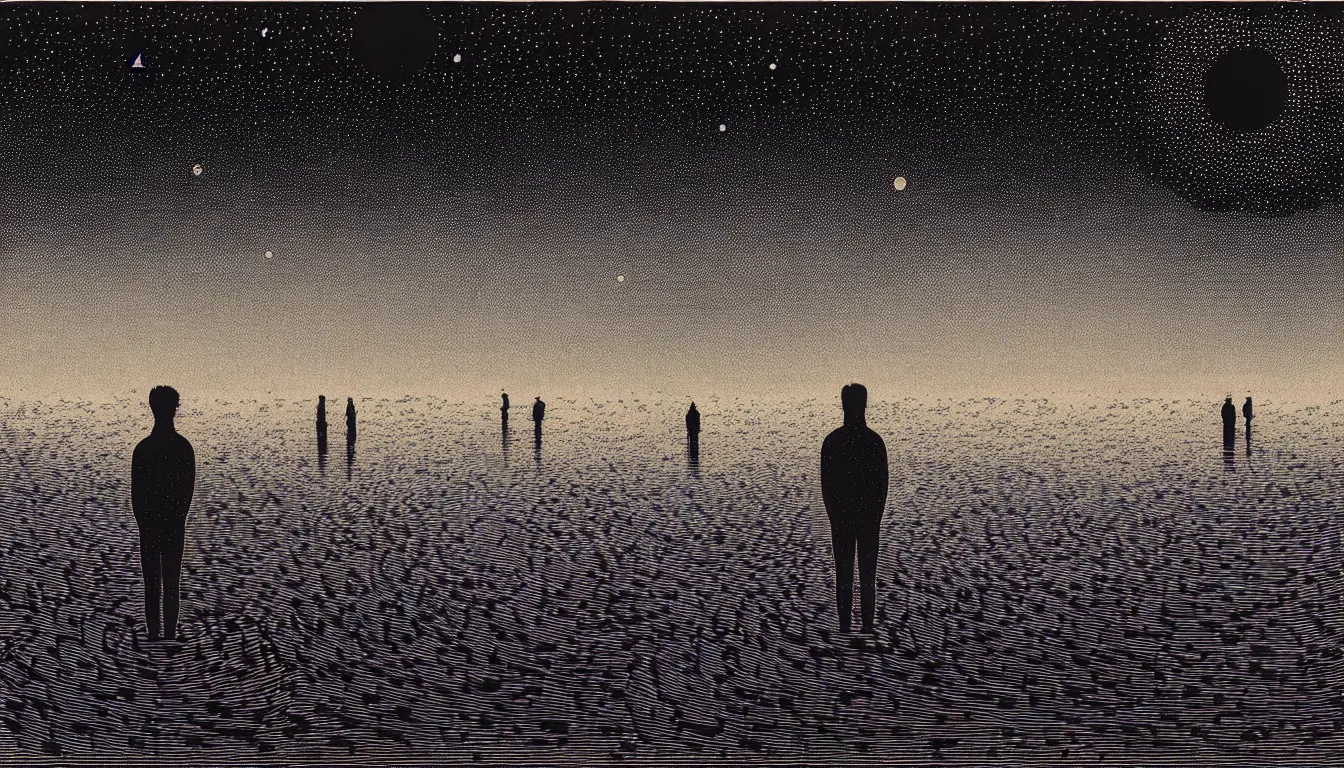 Image similar to standing in a lake looking at reflection of the night sky by woodblock print, nicolas delort, moebius, victo ngai, josan gonzalez, kilian eng