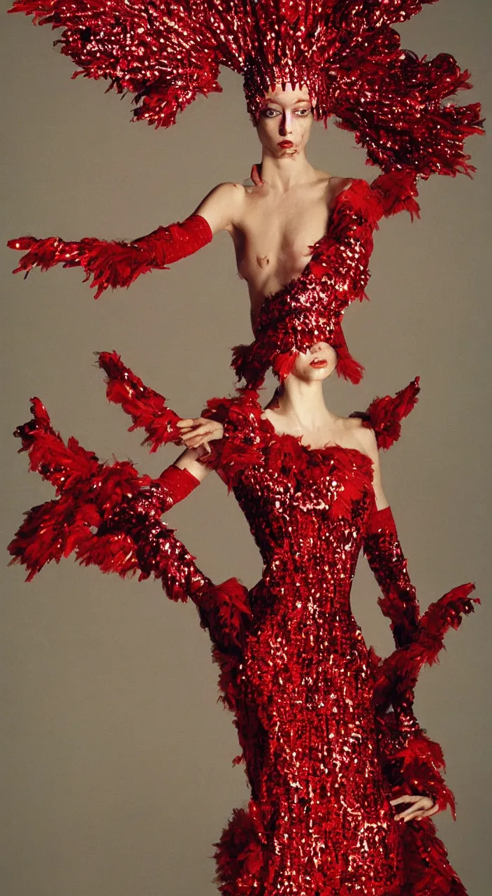 Image similar to a fashion character design wearing a red sequined bodysuit, alexander mcqueen headdress, costume by eiko ishioka, haute couture, steven outram, colorful and psychedelic