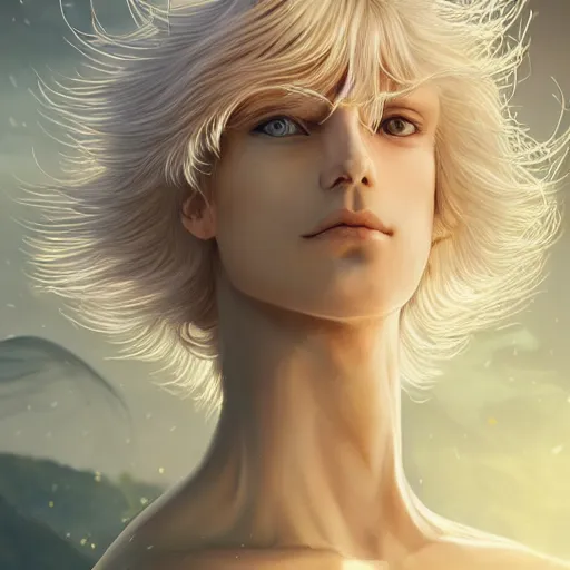 Prompt: Portrait of an androgynous blond prince in a beautiful world, pale milky white skin and long fluffy curly blond hair, intricate, elegant, fantasy, highly detailed, digital painting, concept art, Junji Ito, sharp focus, illustration, beautiful volumetric lighting, epic light, artstation, magic hour lighting, colorful, sunshine, springtime, art by Sylvain Sarrailh