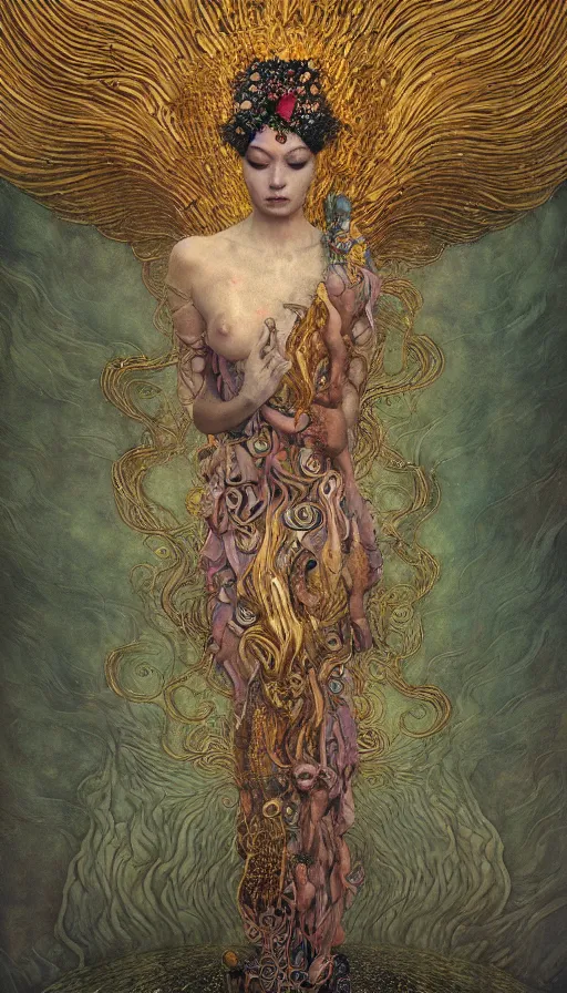 Image similar to wet plate photography of goddess with one wing reaching infinity and hungry souls around by klimt, artificial nightmares drawn by peter mohrbacher, zdzisław beksinski and thu berchs james gurney unreal engine octane, trending on artstation.
