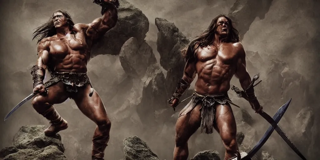 Image similar to hyperrealistic mixed media action scene of Conan the barbarian raising his sword for battle in leather boots and a loincloth, forward angle, stunning 3d render inspired art by Frank Frazetta and Simon Bisley, extremely muscular male hero + perfect facial symmetry + perfect muscle anatomy + perfect bodily proportions + dim volumetric lighting, 8k octane beautifully detailed render, post-processing, extremely hyperdetailed, intricate complexity, epic composition, grim yet sparkling atmosphere, cinematic lighting + masterpiece, trending on artstation