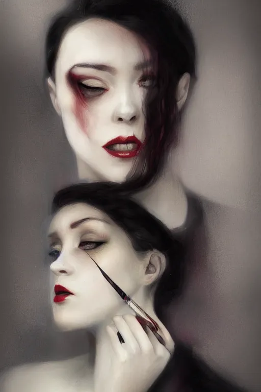 Image similar to a photo-realistically painted portrait of a singular lady vampire!!!!, dressed in a suit, perfect face!!!, beautiful eyes!!, digital painting, concept art, minimal artifacts, volumetric lighting, Artgerm, and William-Adolphe Bouguerea, in the style of Tom Bagshaw, cinematic!!, stunning!, trending on Artstation!, award-winning art!!!