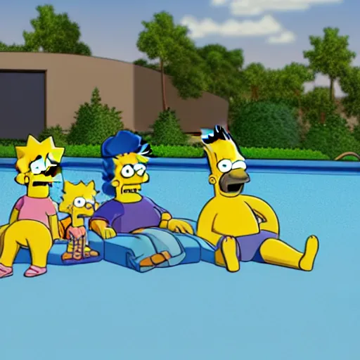 Image similar to 3D render of the Simpsons lounging near a pool