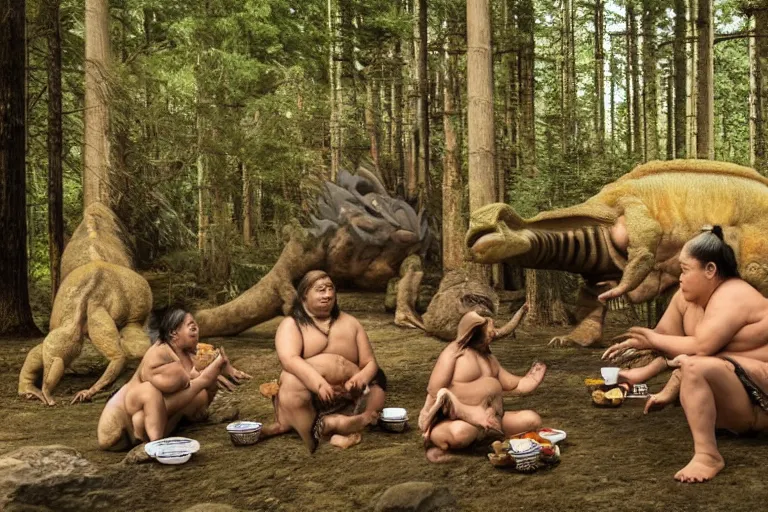 Image similar to photo, neanderthal people, sumo japanese, eating inside mcdonalds, surrounded by dinosaurs!, gigantic forest trees, sitting on rocks, bright moon