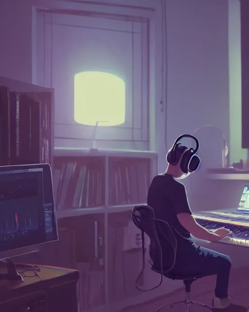 Image similar to man with headphones at his home studio producing music late at night, very detailed, 4 k, cory loftis, james gilleard, atey ghailan, makoto shinkai, goro fujita, studio ghibli, rim light, exquisite lighting, clear focus, very coherent