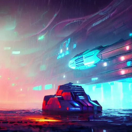 Image similar to abandoned neon spaceship as ingame shot of risk of rain 2, digital art, wet reflections, unreal engine 5, intricate details, fantasy, hyper realism, humongous view, rtx, smooth, cinematic