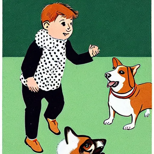 Image similar to book illustration of a french boy on the streets of paris playing football against a corgi, the dog is wearing a polka dot scarf, 1 9 6 6