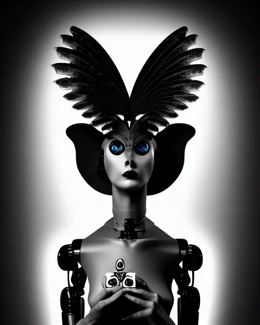 Image similar to surreal mythical dreamy dark artistic black and white fine art 3 / 4 fashion portrait photo of a young beautiful delicate female robot - witch - owl with orchid - doll face, rim light, cinematic, studio dramatic light, poetic, masterpiece, octane render, 8 k, photo - realistic by gustave dore dora maar