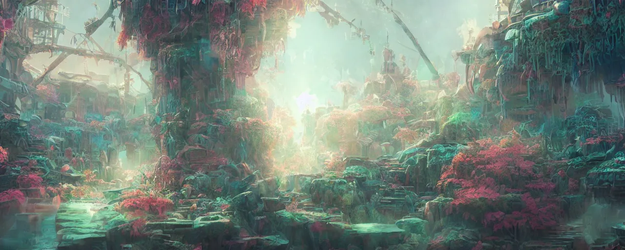 Image similar to detailed concept art illustration colorful pastel painting of a fantasy world in full intricate detail, ultra detailed, digital art, octane render, 4K, dystopian, micro details