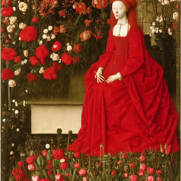 Image similar to a woman in a red dress, sitting on a throne of flowers, by Jan van Eyck