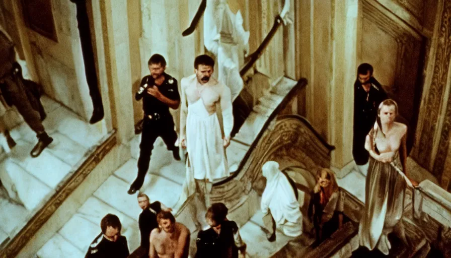 Prompt: movie still by tarkovsky of caligula knifed to death by senators on huge stairs, cinestill 8 0 0 t 3 5 mm, high quality, heavy grain, high detail, dramatic light, ultra wide lens, anamorphic