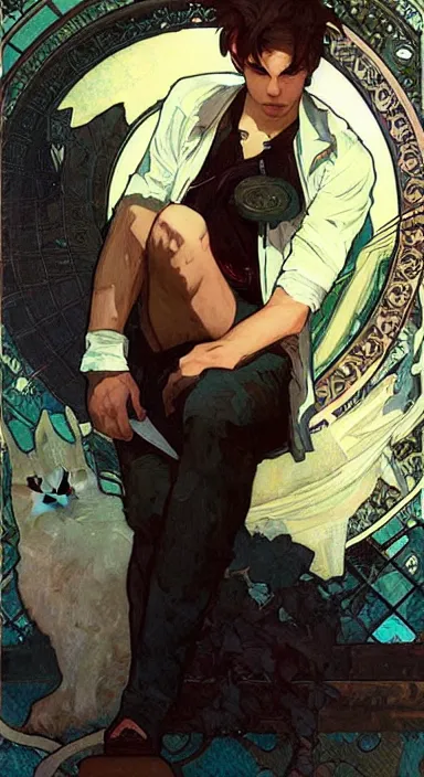 Prompt: Portrait of a cute stylish catboy in his twenties. Art by Greg Rutkowski and Alphonse Mucha