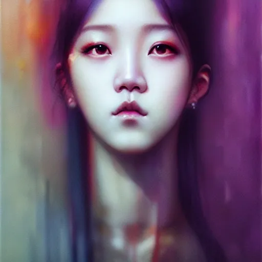Image similar to jisoo of blackpink, hyperrealistic portrait, bladerunner street, by karol bak and agnes cecile, fantasy art, photo realistic, dynamic lighting, artstation, poster, volumetric lighting, very detailed face, intricate complexity, rule of thirds, 8 k, award winning