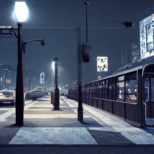 Image similar to dark city bus stop, unreal 5 realistic render,ArtStation