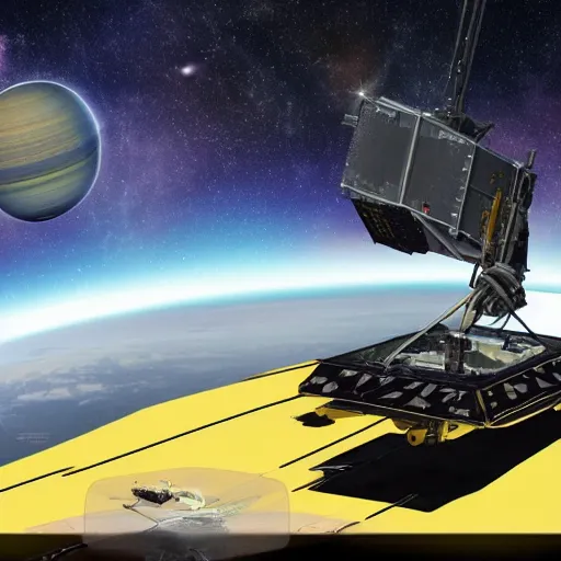 Prompt: robot taxi driving through space, Deepfield JWST background