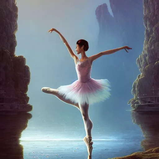 Image similar to a ballerina dancing on the seau, highly detailed vfx portrait, unreal engine, greg rutkowski, loish, rhads, caspar david friedrich, makoto shinkai and lois van baarle, ilya kuvshinov, rossdraws, elegent, tom bagshaw, alphonse mucha, global illumination, detailed and intricate environment.