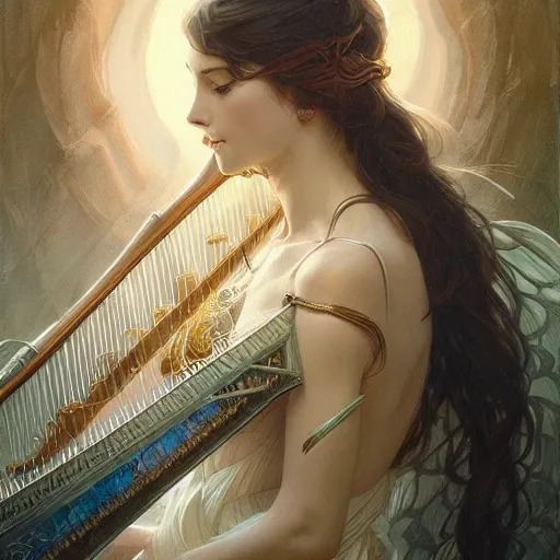 Prompt: a strange harp, d & d, fantasy, intricate, elegant, highly detailed, digital painting, artstation, concept art, smooth, sharp focus, illustration, art by artgerm and greg rutkowski and alphonse mucha