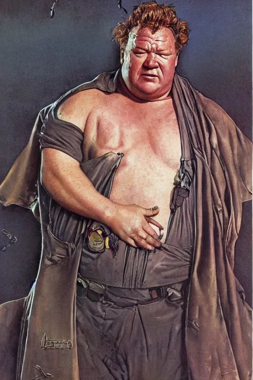 Image similar to dynamic upper body portrait of ray winstone as baron harkonnen in 1982 movie dune, by norman rockwell and boris vallejo