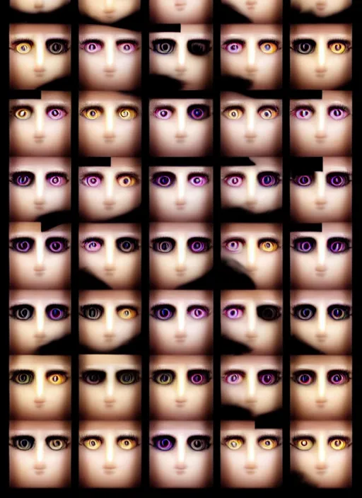 Prompt: grid montage of cube shaped eyes, square shaped black dilated pupils, cube shaped irises, detailed colored textures, eyelashes, advanced art, art styles mix, from wikipedia, wet reflections in square eyes, sunshine light, hd macro photograph, from side, various eyelid positions, square black pupil centered